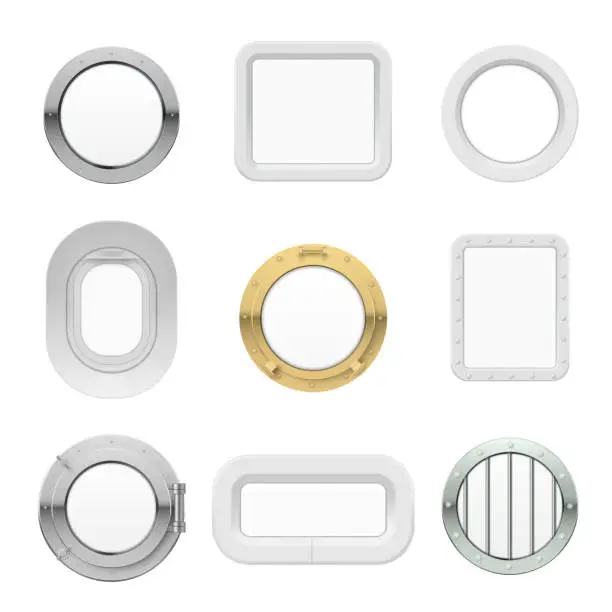 Vector illustration of Metal and plastic portholes, metallic cabin technology