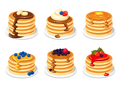 Pancakes set with delicious toppings for breakfast. Hotcake morning cuisine. Vector flat style cartoon illustration isolated on white background