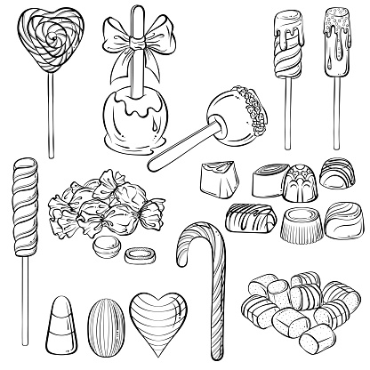 Set with various candies and sweets. Lollipop, chocolate, candy cane, marshmallow. Hand drawn vector illustration with black outline isolated on white background. Applicable for coloring book, print.