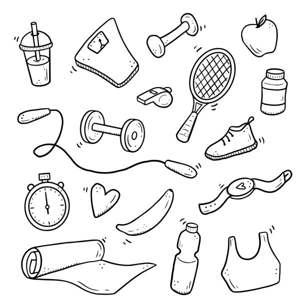 ilustraciones, imágenes clip art, dibujos animados e iconos de stock de conjunto dibujado a mano de fitness, equipos de gimnasio - culturismo ilustraciones