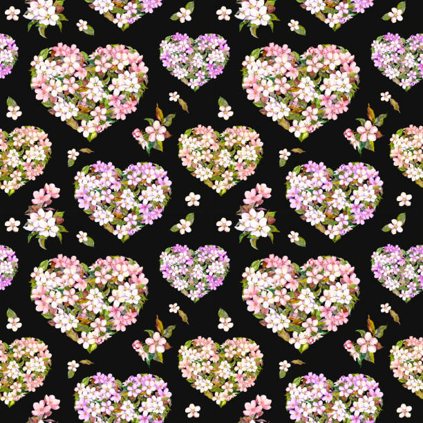 serca z kwiatami na walentynki. kwiatowa różowa sakura, kwiat wiśni. wzór powtarzający akwarelę na tle kontrastu - cherry valentine stock illustrations