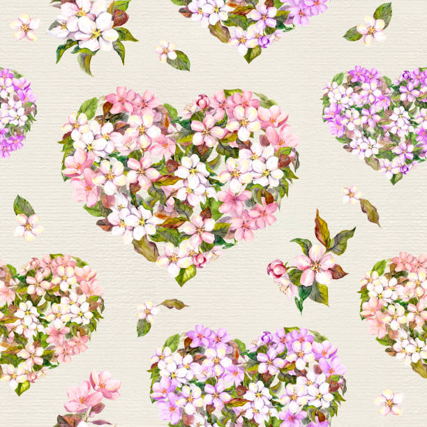 bezszwowy wzór na walentynki. kwiatowe serca z kwiatami jabłek, kwiat wiśni. akwarela - cherry valentine stock illustrations