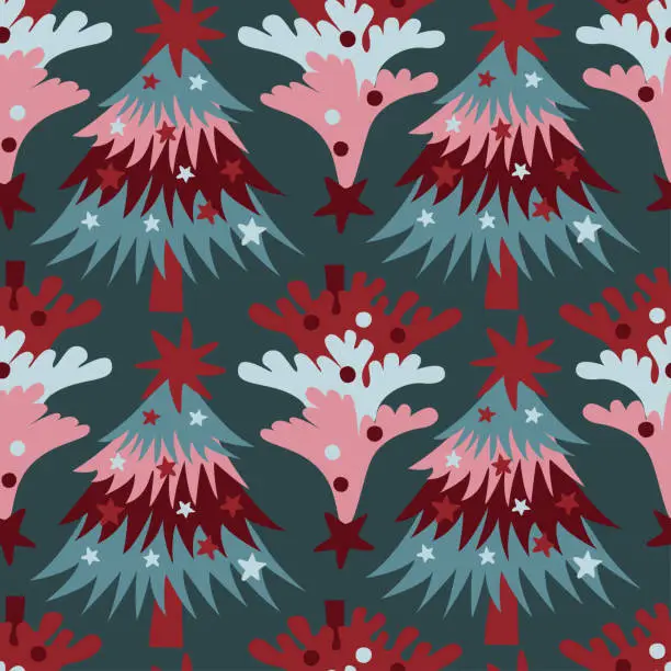 Vector illustration of Christmas pine trees seamless pattern on greyish bue background.