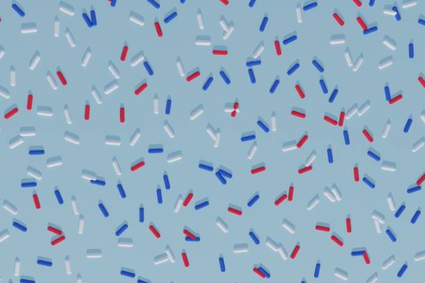 Random pattern of abstract oblong cylindrical geometric elements in red blue white color on light background. Biotechnology global research on disease. Healthcare and medicine concept. 3D Rendering.