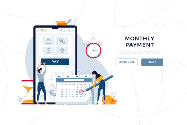 ilustrações de stock, clip art, desenhos animados e ícones de monthly payment homepage template. man pays regular fees online, woman makes notice in calendar. keep up with monthly payments concept. people in flat cartoon style, vector illustration - monthly