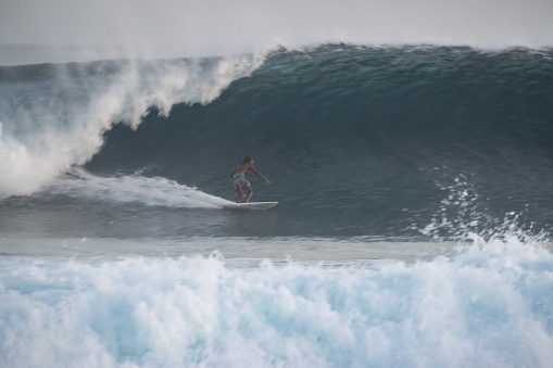 A local Maldivian surfer on a left breaking wave in the tropics