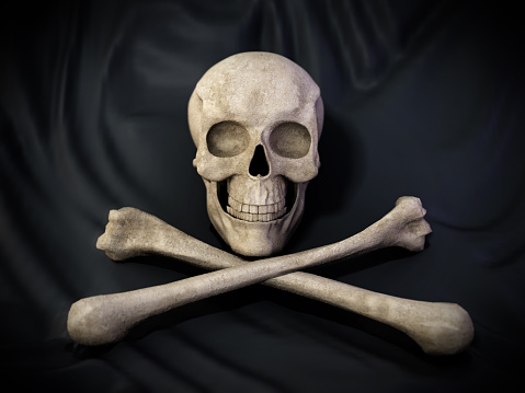 Skull and bones on black background.