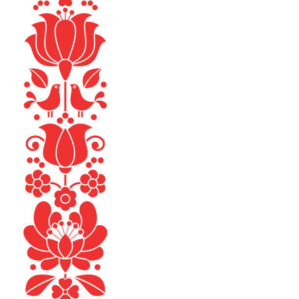 illustrations, cliparts, dessins animés et icônes de carte de voeux de vecteur d’art folklorique hongrois ou invitation de mariage, conception florale rouge inspirée par la broderie traditionnelle - double tulip