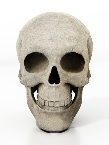 Old human skull standing on gray background.