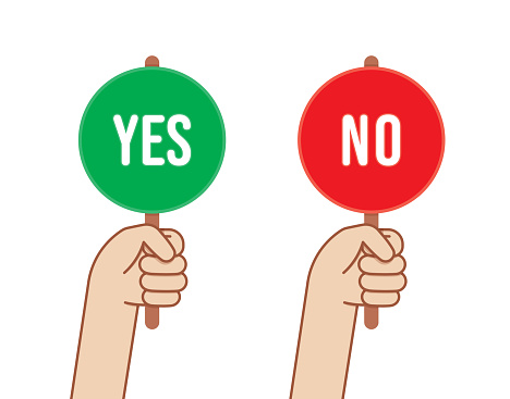 Hand Holding Right and Wrong, Yes and No, Approved and Rejected Evaluation Sign Banner. Correct answer, Incorrect answer concept illustration.