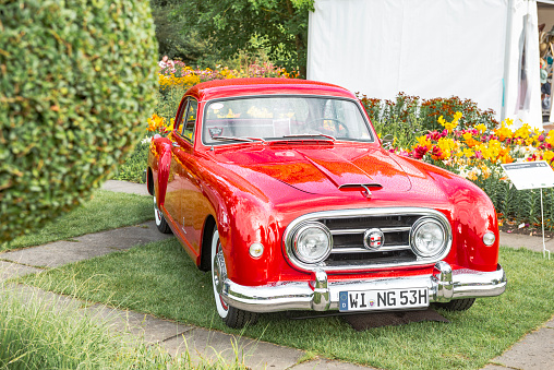 Nash Healy Le Mans Coupe classic luxury car on display during the 2017 Classic Days event at Schloss Dyck.