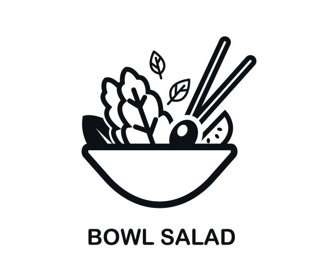 ilustrações de stock, clip art, desenhos animados e ícones de salad in bowl thin line icon. healthy foods. modern vector illustration for salad bar. - white background freshness spinach vegetable