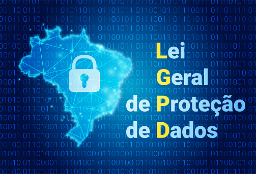 LGPD - Brazilian Data Protection Authority DPA, rights under the Lei Geral de Prote o de Dados - Spanish . Vector illustration background with lock and map of Brazil