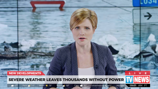 istock Female anchor presenting breaking news about severe weather causing power outage 1289017986