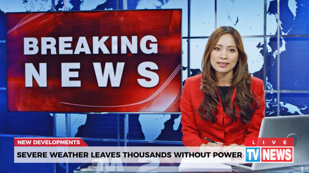 istock Female anchor presenting breaking news about severe weather causing power outage 1289017994