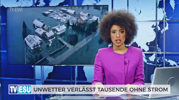 istock Female anchor presenting breaking news about severe weather causing power outage 1289018022