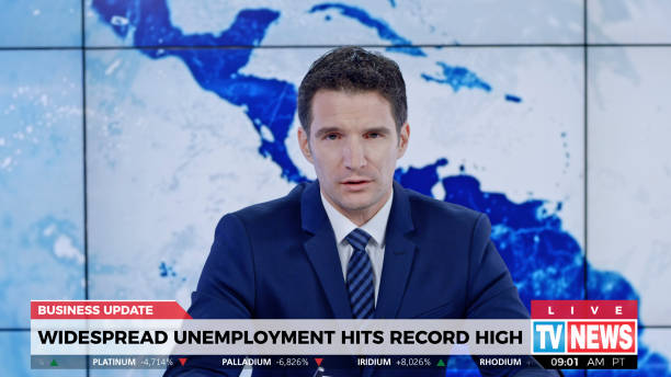 istock Male anchor presenting breaking news about unemployment 1289018030