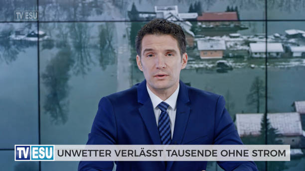 istock Male anchor presenting breaking news about severe weather causing power outage 1289018072