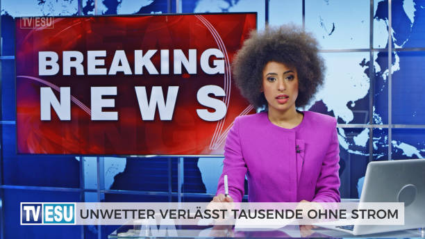 istock Female anchor presenting breaking news about severe weather causing power outage 1289018083