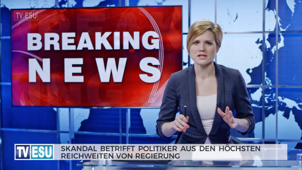 istock Female anchor presenting breaking news about a scandal that involves highest level of politicians 1289018099