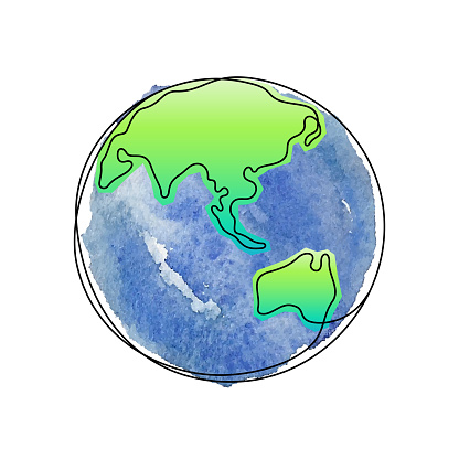 Earth Planet one line vector illustration with watercolour background. Asia and Australia