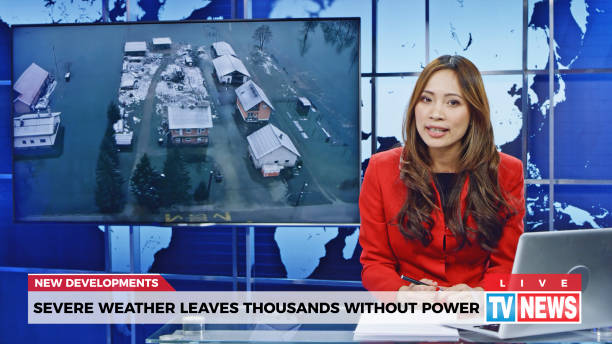 istock Female anchor presenting breaking news about severe weather causing power outage 1289018325