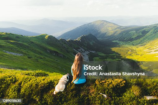 istock Young woman hiker enjoying the mountain view with her dog from the top 1289018630