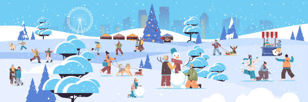 공원 야외 활동 코로나바이러스 검역 개념에서 겨울 즐거운 시간을 보내는 마스크를 쓴 사람들 - snowman snowball men christmas stock illustrations