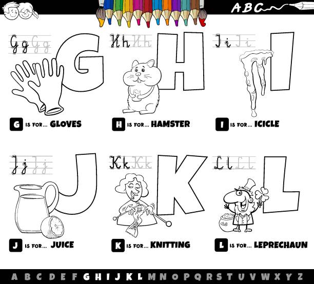 образовательные письма алфавита мультфильма набор от g до l раскраски страницы книги - letter h alphabet education learning stock illustrations