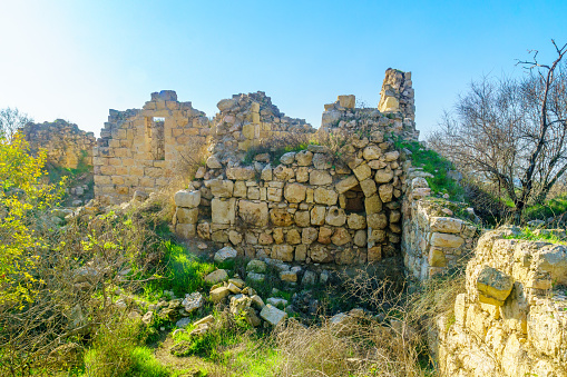 View of ancient ruins in the archaeological site Tel Tzuba, with Remains of a prominent dome, an Arab village and a Crusader fortress in the Jerusalem hills, Central Israel