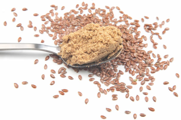 istock ground flaxseed on a white background. vitamins and healthy food 1289020012