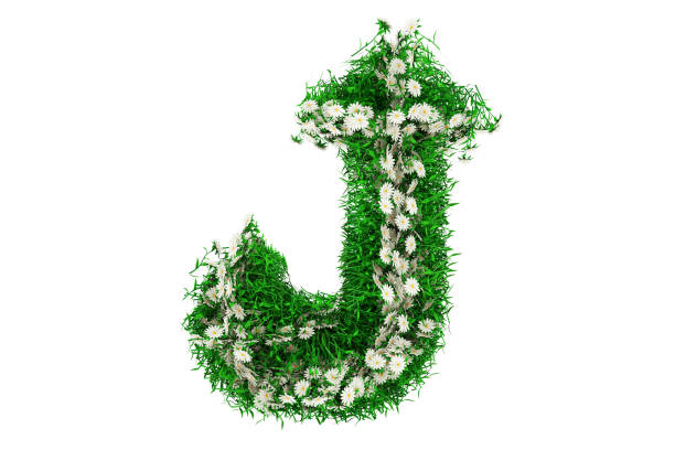 녹색 잔디와 꽃의 편지 j. 3d 렌더링 - letter j alphabet three dimensional shape green 뉴스 사진 이미지