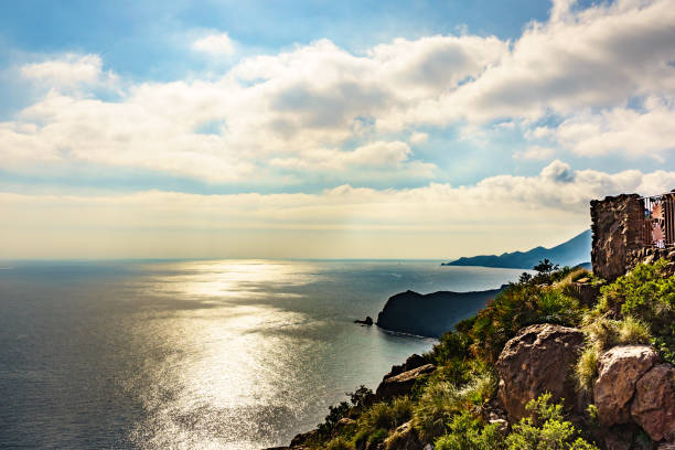 Coastal landscape seen from La Amatista viewpoint in Spain. Cabo de Gata Nijar Natural Park, province Almeria, Andalusia. Mountains and Mediterranean sea.