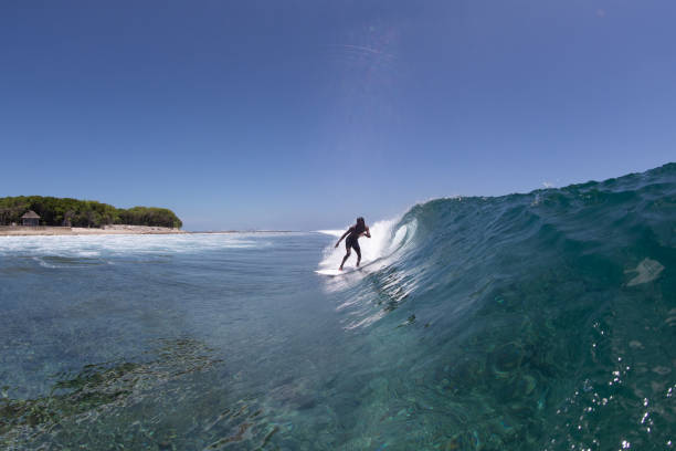 istock Surfing in front of tropical island 1289024602