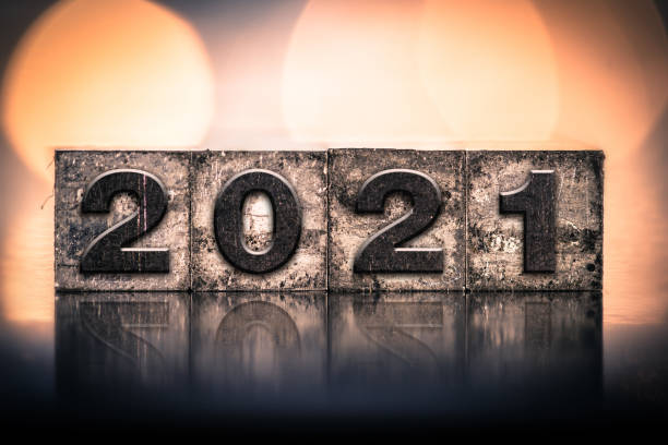 istock Year 2021 Written in Vintage Letterpress Block Type 1289027180