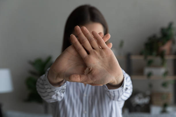 istock Confident woman protest show stop hand gesture 1289027478