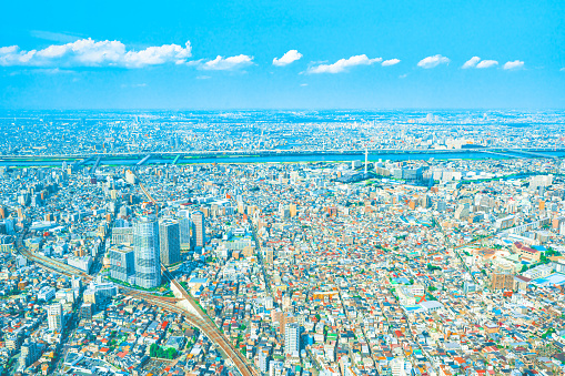 Aerial view of Yamagata City in Tohoku, Japan. Yamagata Prefecture is situated on the westernmost part of the Tohoku region.