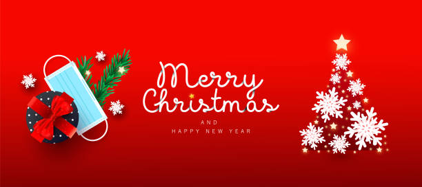 istock Trendy Merry Christmas and Happy New Year vector illustration with decor gift box, snow, christmas pine and protective medical mask on gradient background for poster, holiday banner, flyer, stylish brochure, greeting card. Flat lay, top view. 1289028583
