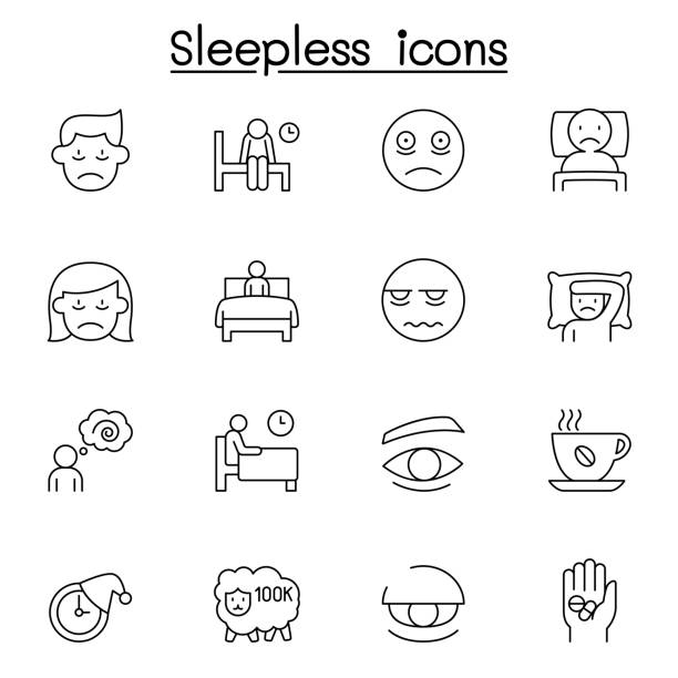 illustrazioni stock, clip art, cartoni animati e icone di tendenza di icone insonni impostate in stile linea sottile - insonnia