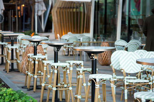 Color image depicting lots of empty chairs and tables at a restaurant terrace in London, UK. No one is eating or drinking here because of the lockdown measures during the covid-19 pandemic.