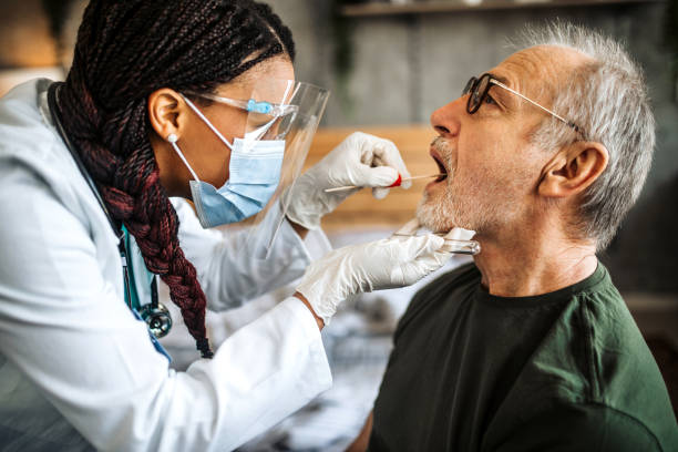 Female doctor  taking sample for coronavirus testing Mid adult female doctor at home visit doing a nasal swab test to senior patient Saliva stock pictures, royalty-free photos & images