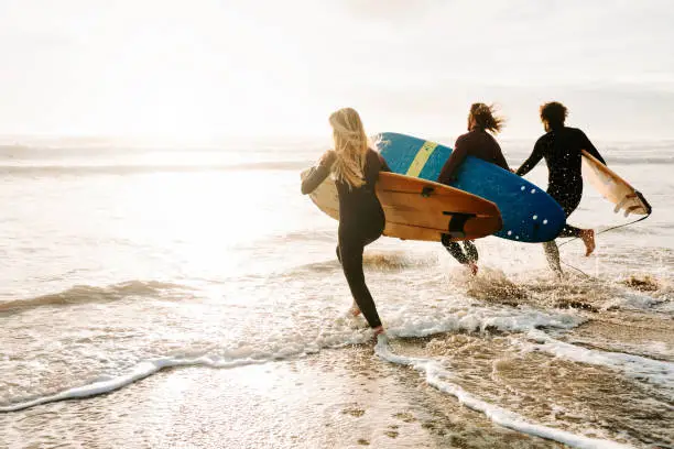 Three surfing friends entering the sea with surfboards in the morning