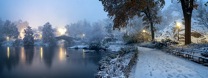 Panoramic view of Gapstow bridge during winter, Central Park New York City . USA