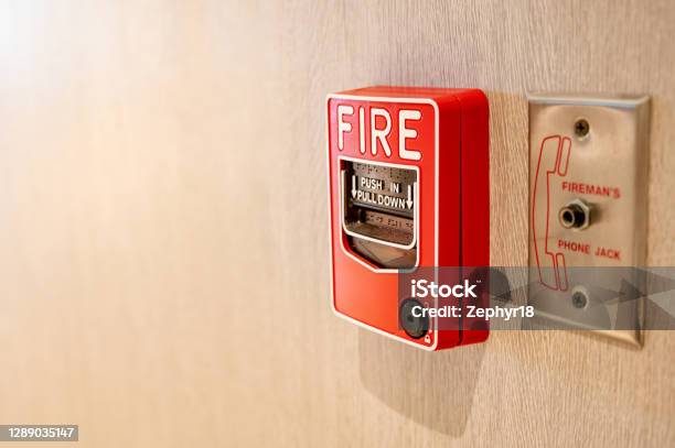 Fire Alarm Switch And Phone Jack On Wooden Wall Stock Photo - Download Image Now - Fire Alarm, Construction Industry, Box - Container