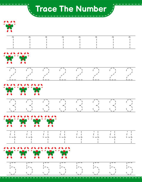 ilustrações, clipart, desenhos animados e ícones de rastreie o número. traçando o número com candy canes. jogo infantil educativo, planilha imprimível, ilustração vetorial - candy cane flash