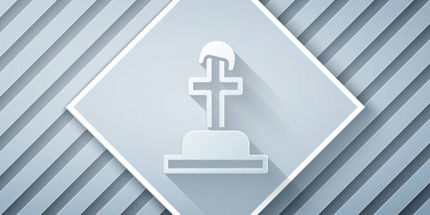 Paper cut Soldier grave icon isolated on grey background. Tomb of the unknown soldier. Paper art style. Vector Paper cut Soldier grave icon isolated on grey background. Tomb of the unknown soldier. Paper art style. Vector. military funeral stock illustrations