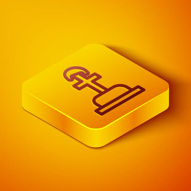Isometric line Soldier grave icon isolated on orange background. Tomb of the unknown soldier. Yellow square button. Vector Isometric line Soldier grave icon isolated on orange background. Tomb of the unknown soldier. Yellow square button. Vector. military funeral stock illustrations