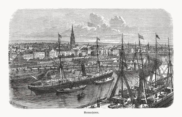 istock Historical view of Bremerhaven, Germany, wood engraving, published 1893 1289041338