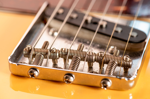 Closeup view of an electric guitar's body and neck