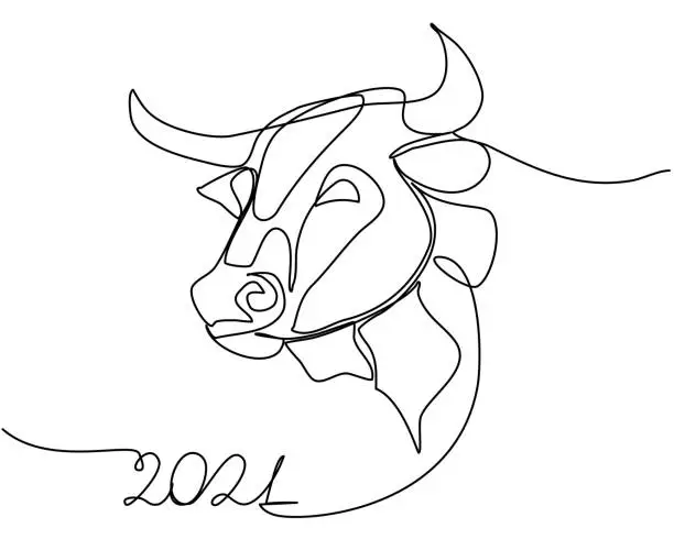 Vector illustration of Bull head 2021 Continuous one line drawing.